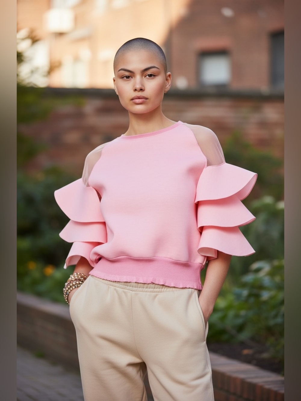 Gracia Ruffle Sleeve Detailed Neoprene Top